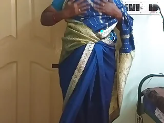 des indian horny cheating tamil telugu kannada malayalam hindi wife vanitha wearing blue impulse saree  showing chubby boobs and shaved pussy press hard boobs press nip rubbing pussy masturbation